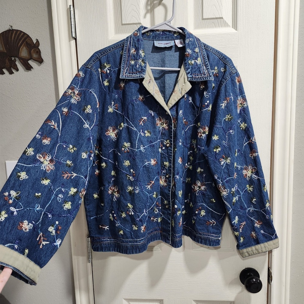 Vintage Jane Ashley Floral Embroidered Denim Button Up Jacket Women's Large